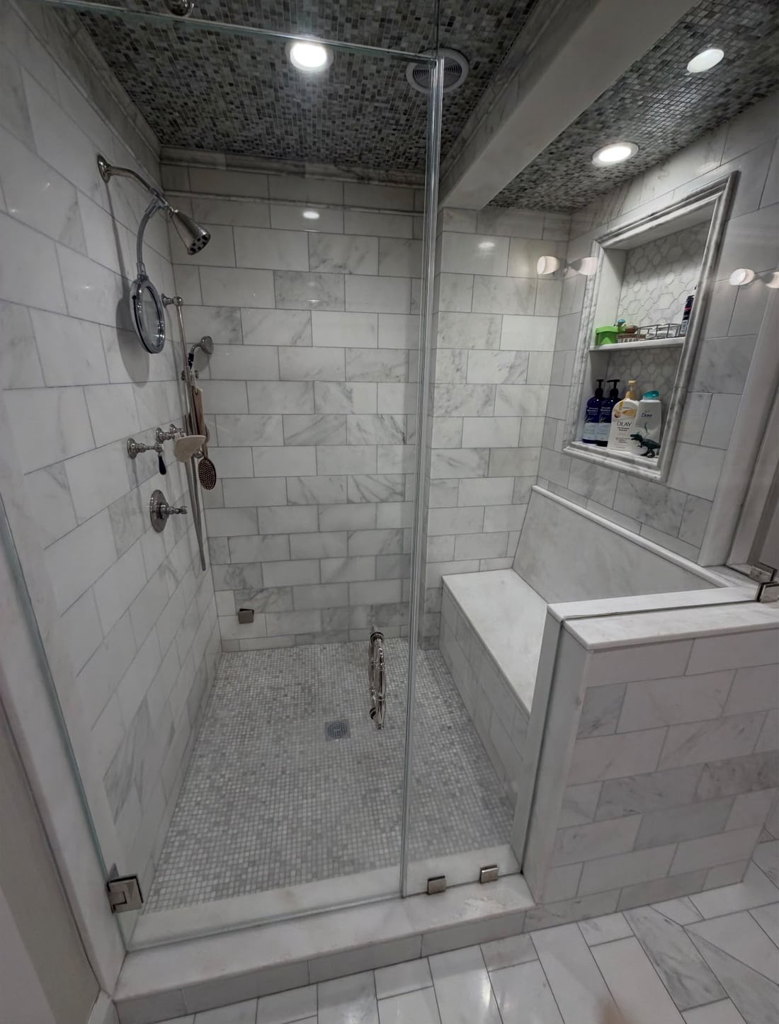 A clean marble shower